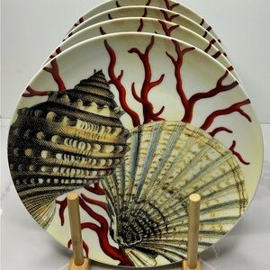 4 Costal Curiosity Potterybarn Luncheon Dessert Plate 8.25” Shell Coral Beach